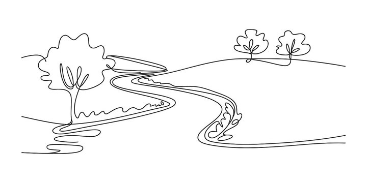Minimalist continuous line drawing of a peaceful landscape with a winding river and trees