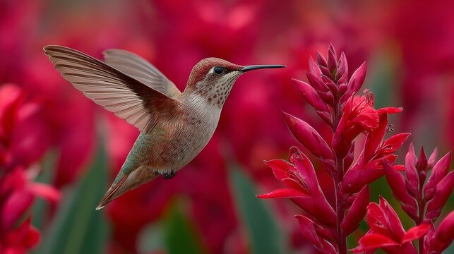 A ruby‑throated hummingbird hovers, drinking nectar from bright Lobelia cardinalis flowers amid a bokeh‑laden backyard