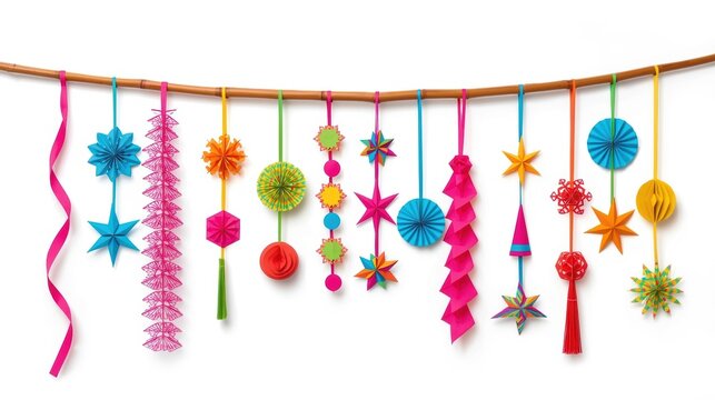 a colorful assortment of paper decorations hanging from a wooden dowel