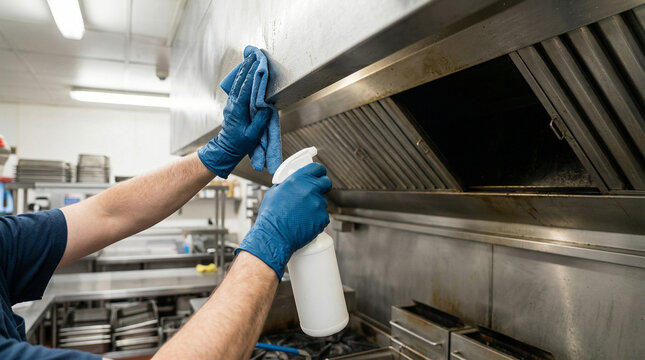 Close-up of a professional technician's hands degreasing a stainless steel extractor hood in a commercial kitchen, deep cleaning and industrial maintenance concept