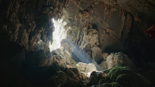 Sunbeam illuminates a dark mysterious cave with stalactites and stalagmites in Laos, Southeast Asia, alternative destination for backpackers