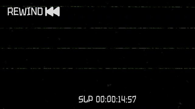 Retro VHS Tape Rewind Overlay, Camcorder Recording Interface, Film Dust Grain and Static Effect, 4K Alpha Channel