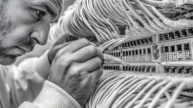 Male technician plugging ethernet cable into network switch with many cables Caucasian focused