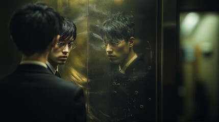 Fototapeta premium reflection of a man in a suit looking into an elevator door, moody green lifestyle portrait with cinematic lighting
