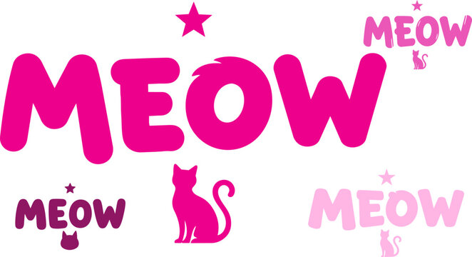 Pink cat icons, meow text graphics, feline vector set, colorful animal symbols