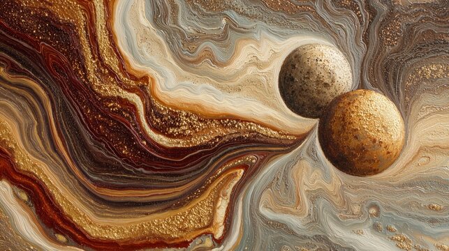 abstract cosmic surface texture with red gold veins and floating spheres