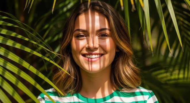 A woman with a bright smile standing in front of palm trees on a sunny day with green and white shir