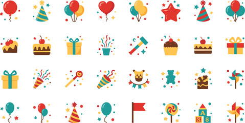 Fototapeta premium Colorful birthday party icons and symbols on white background