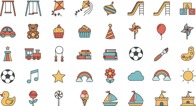 Colorful childish icons of toys and objects for kids