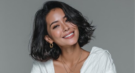 Fototapeta premium A mature East Asian woman with short black hair shows a confident, genuine smile against a pale backdrop