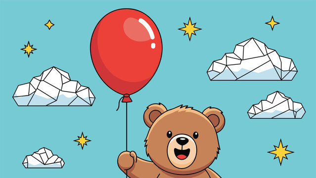 Happy brown teddy bear holds a bright red balloon while floating in a blue sky with stylized geometric clouds and stars.