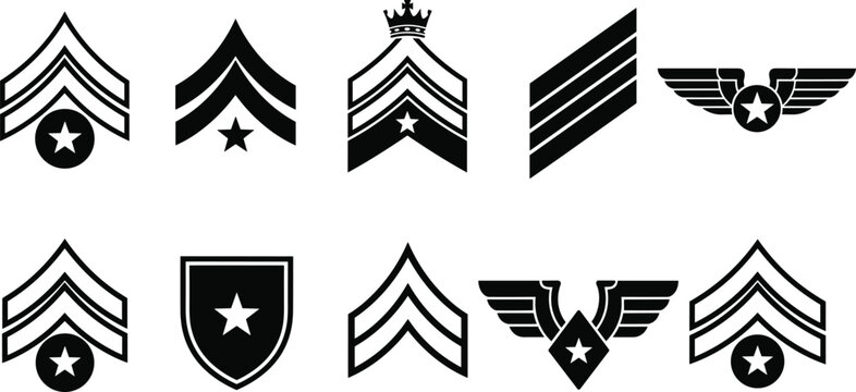Collection of military rank insignia silhouettes, army chevron patches with stars and wings, sergeant stripes and air force emblems set isolated.