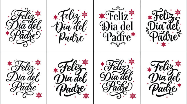 Feliz Dia del Padre calligraphy set, 8 Spanish Father's Day typography designs, elegant black and red lettering for greeting cards and gifts