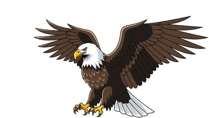 Obraz premium Majestic bald eagle with its brown wings fully spread and talons ready for action glides gracefully through the air on a white background.