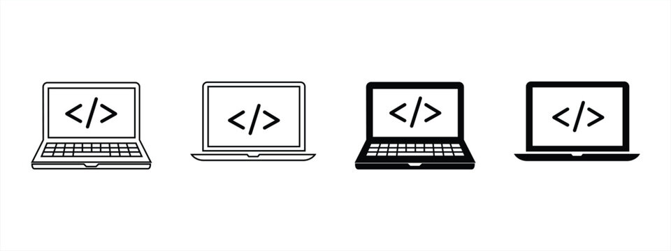Laptop coding icon set. Coding brackets on the screen show software development, programming, and web coding interfaces in outline, glyph, and colored styles. Vector illustration