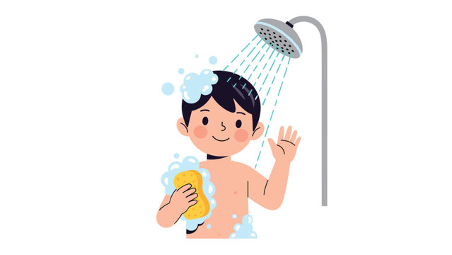 Happy young boy with black hair waves his hand while taking a refreshing shower with a sponge and soapy bubbles for good hygiene.
