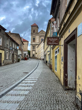 Bardo, Poland, September 6, 2026: A street leading through the old town to the Minor Basilica of the Visitation of the Blessed Virgin Mary in Bardo, Poland.