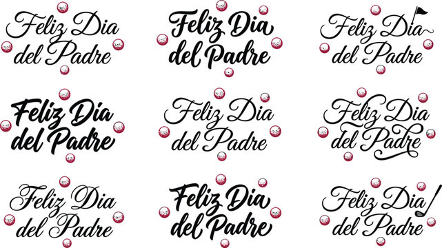 Feliz Dia del Padre Spanish Father's Day calligraphy set, 9 elegant hand-lettered greeting phrases, black script typography with pink pearl accents