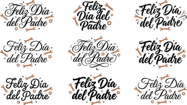 Feliz Dia del Padre Spanish lettering set, 9 Father's Day typography labels with tools, black and brown vector calligraphy for greeting cards