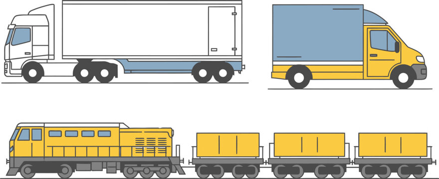 Collection of flat style transportation icons illustrating various heavy goods vehicles including a semi truck a delivery van and a freight train engine with cars.