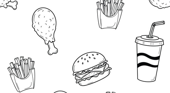 Hand drawn fast food doodle pattern with burger fries fried chicken soda drink seamless vector background illustration