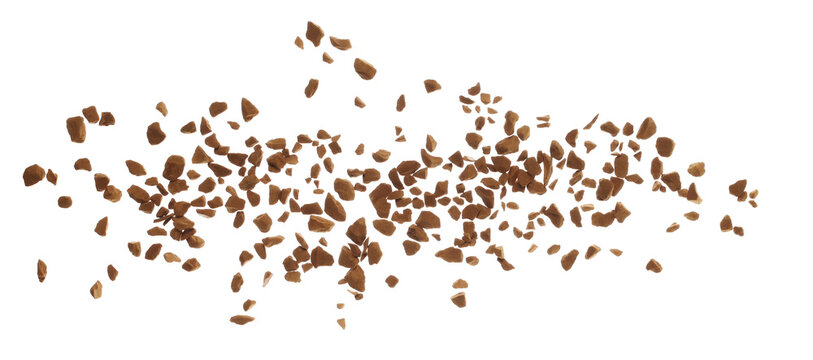 Instant coffee granules flying, soluble coffee isolated white background, clipping path