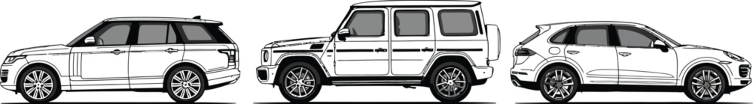 Comparison illustration showcasing side profiles of luxury sport utility vehicles including Range Rover Mercedes G Wagon and Porsche Cayenne models.