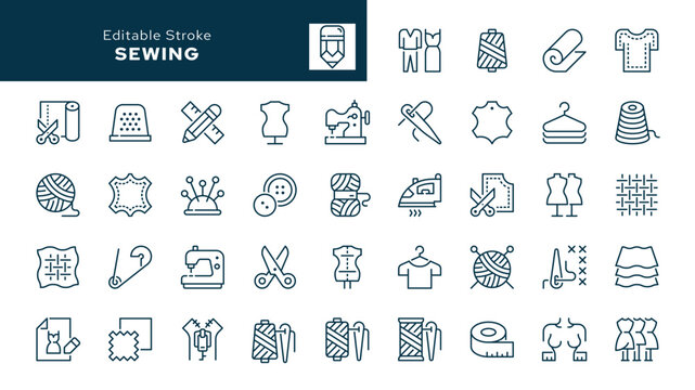 Sewing. Set of outline icons. Handicraft, knitting, sewing, tailor, fabric, threads, sewing machine, needle, pattern, mannequin and more. Line icon in linear style. Vector collection	