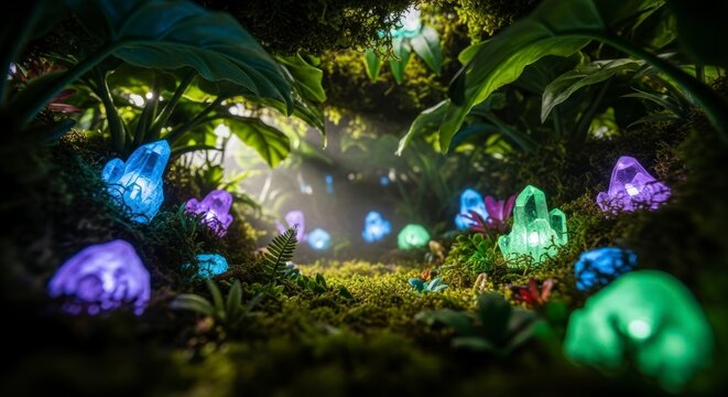 Enchanting glowing mushrooms in a mystical forest scene fantasy background