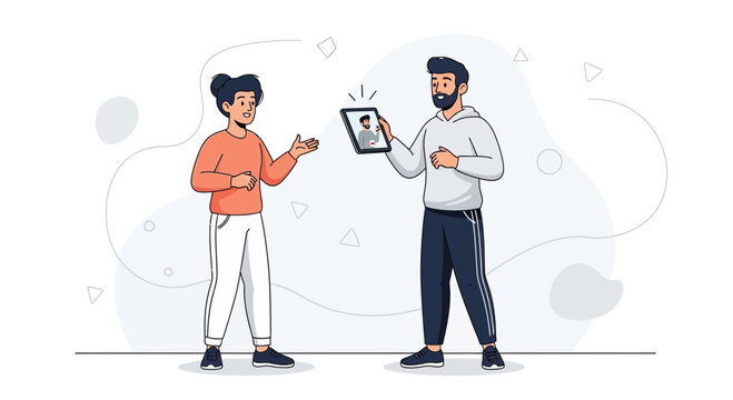 Two people video calling on a tablet, showing connection and communication