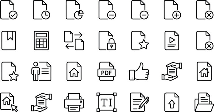 Document file action icons set featuring add delete edit share lock PDF print home star elements, cad drawing flat vector illustration