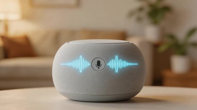 Focused medium shot of a smart speakers microphone icon with clear waveform visuals on its surface blurred living room setting in the background emphasizing voice command