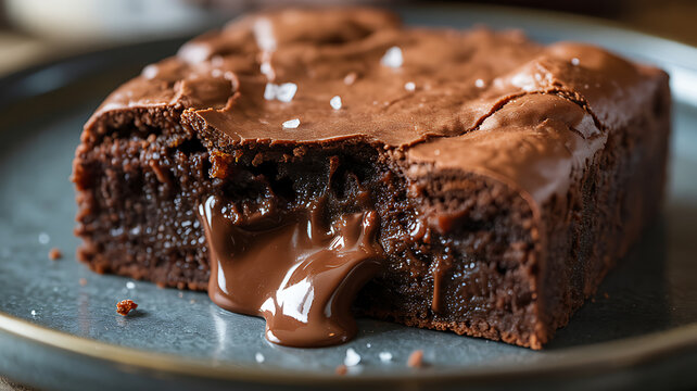 Rich chocolate lava brownie with gooey center and sea salt flakes served on dark ceramic plate macro