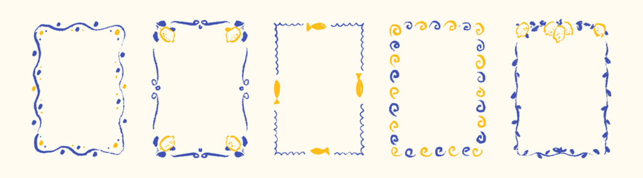 Hand drawn crayon Italian frame with lemons, sardines, wavy pattern, greek key motif. Paint brush limoncello badge drawing. Amalfi, Positano, Sicily style chalk boarders. Mediterranean seafood menu