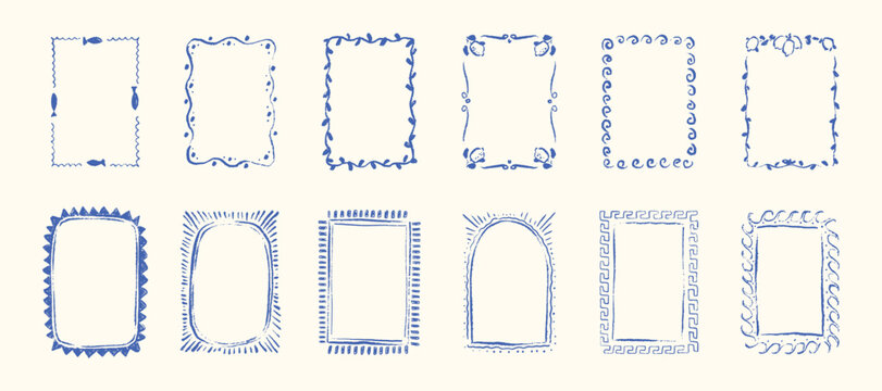 Set of hand drawn crayon Mediterranean frames in ancient, vintage style. Greek key pattern, Amalfi lemon motif, Italian rectangle border. Chalk scribble coastal boarder for wedding, birthday, postcard