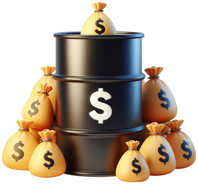 A barrel stacked with money bags around