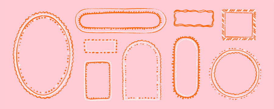 Set of hand drawn crayon scribble oval, arch, rectangle, circle, square shape frames for Italian, French wedding invitations, girly birthday cards, bachelorette party design. Mirror, photo chalk frame