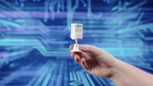 Hand holding small LED lamp adapter on digital background