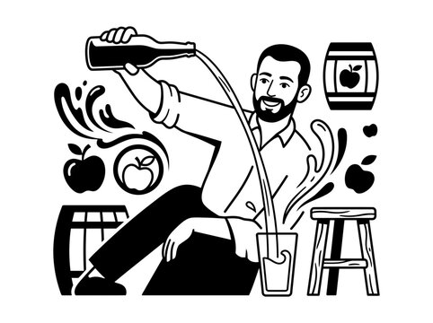 Basque cider pouring tradition line art illustration