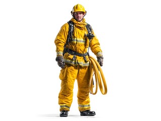 Fototapeta premium Professional firefighter in yellow gear holding a fire hose