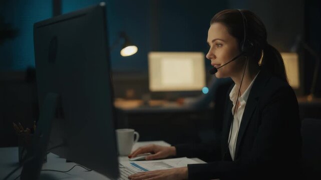 Closeup of a call center employee at night shift headset on helping a borrower navigate loan repayment plans with soft background glow.