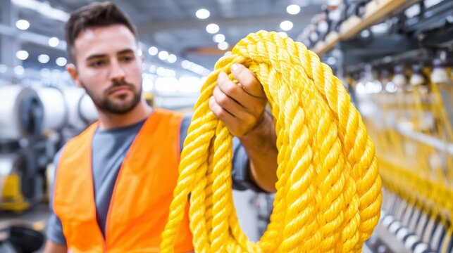 Rigging factory worker holding a coiled section of thick twisted synthetic rope.