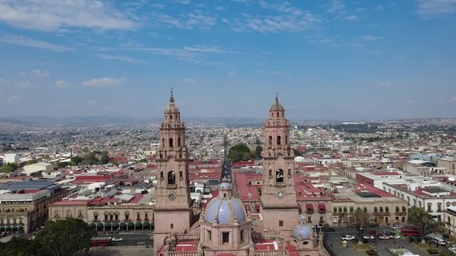 Aerial Flyby of the Twin Towers of Morelia Cathedral, Historic Center of Morelia, Michoac&aacute;n, Mexico