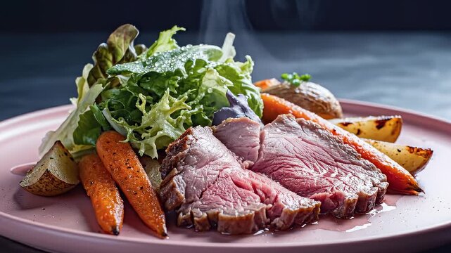 Steaming Sliced Roast Beef With Fresh Salad and Roasted Carrots and Potatoes