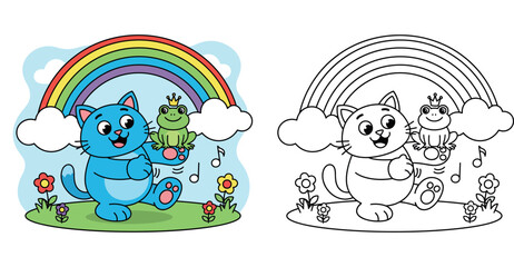 Naklejka premium Cute cartoon blue cat holding a frog prince with crown under a rainbow, funny animal friends dancing