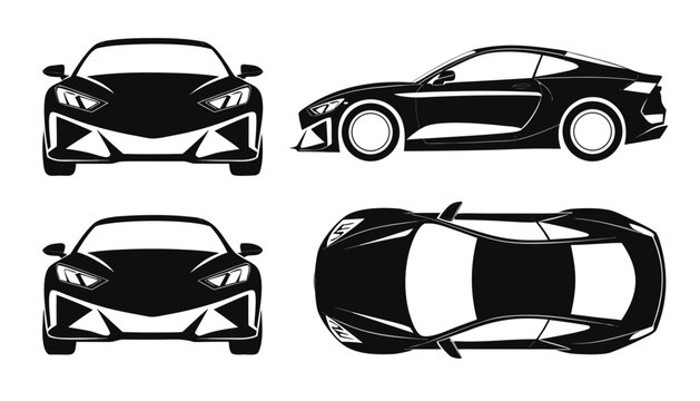 Modern sports car views black silhouette with white backgrou