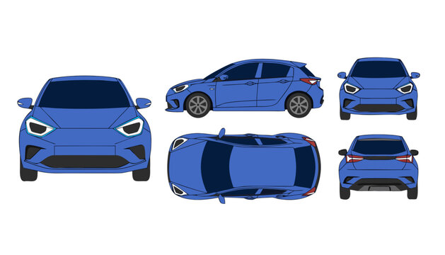 Blue hatchback car vector - all angles with technical drawin