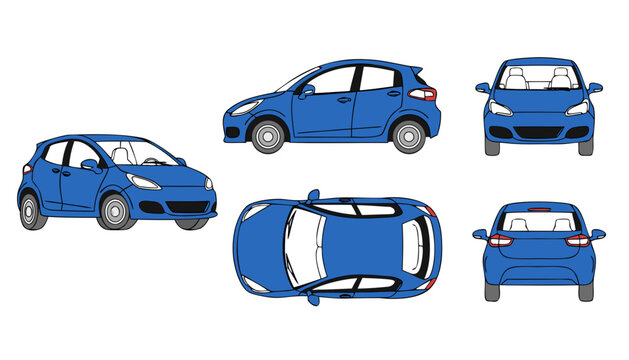 Blue compact car vector - front, side, top views