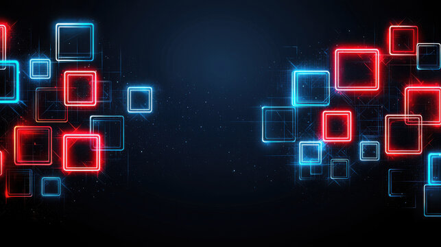 Neon Red and Blue Squares on Dark Background for Digital Design