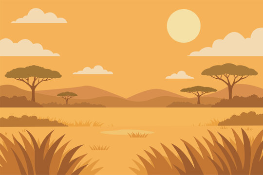 Paisagem minimalista de savana africana ao p&ocirc;r do sol - Vetor 